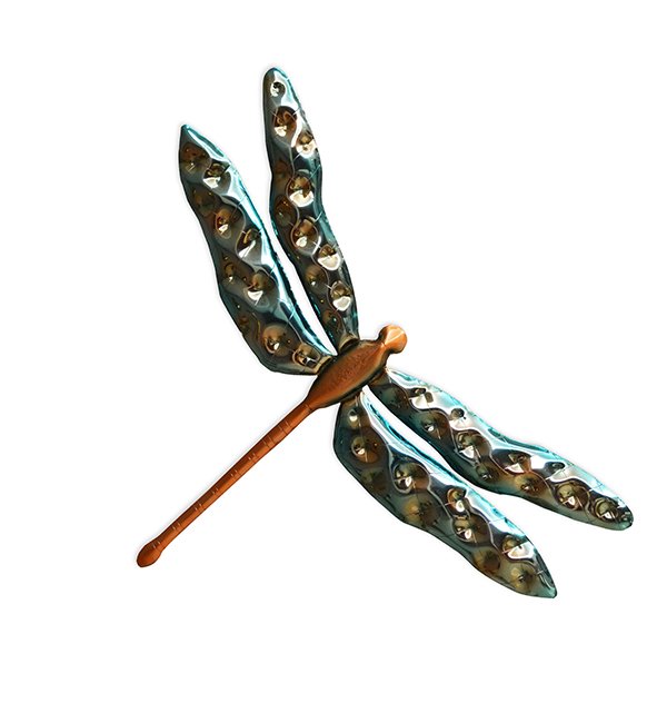 Single dragonfly sculptural wall art made in stainless steel and finished in bronze and turquoise.