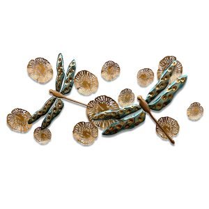 Sculptural wall installation of 2 dragonflies and 12 water lilies.