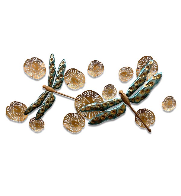 Sculptural wall installation of 2 dragonflies and 12 water lilies.